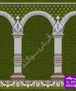 فرش سجاده‌ای ترنح سبز محرابی با نقش اسلیمی و ستون‌های سفید برای نمازخانه و مسجد.