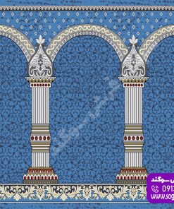 سجاده فرش ترنج آبی فرش سجاده‌ای طرح محرابی ستون‌دار رنگ آبی فیروزه‌ای با نقوش تذهیب و اسلیمی برای مسجد