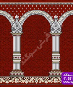سجاده فرش ترنج لاکی، فرش سجاده‌ای طرح محرابی ستون‌دار رنگ لاکی برای مسجد
